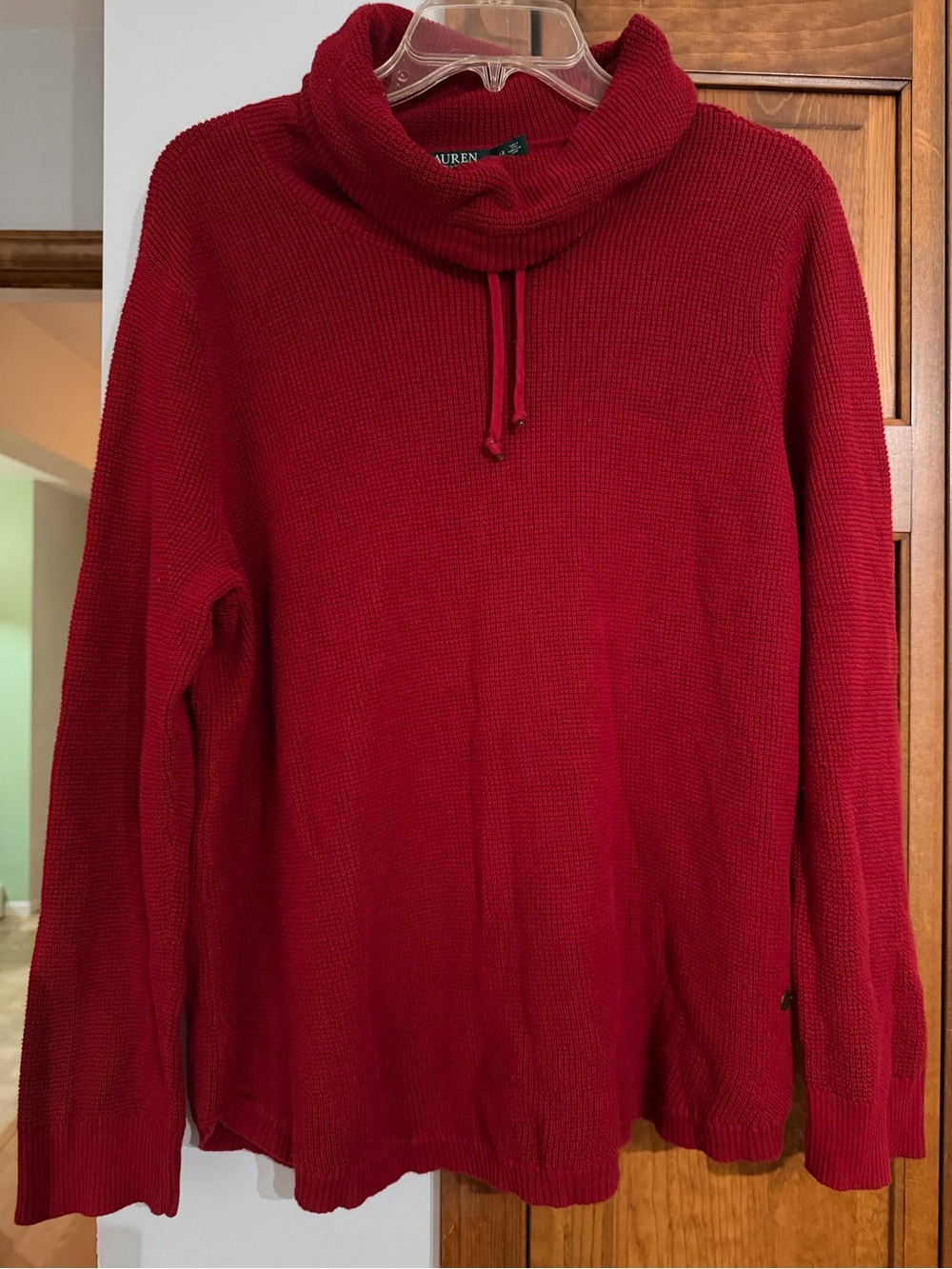 Lauren Ralph Red Waffle Knit Cowl Neck Drawstring Sweater 1X - Picture 2 of 6